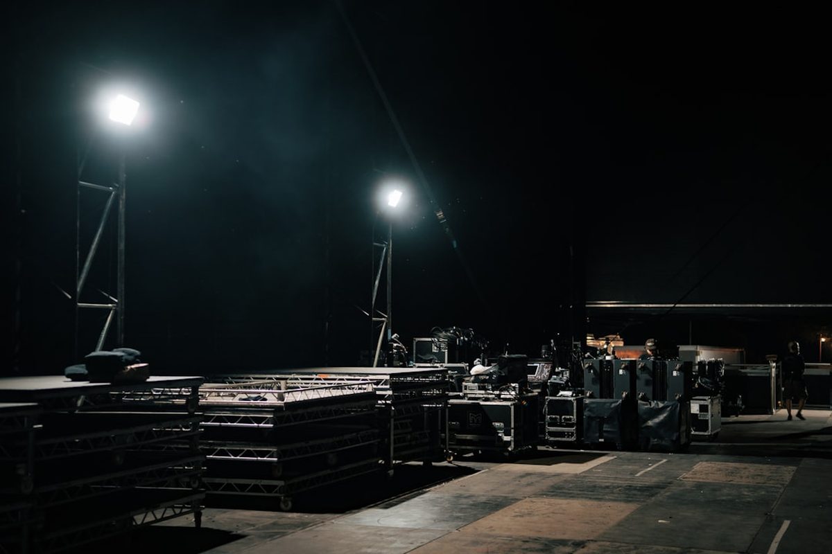 Crew building the stage the night before an event